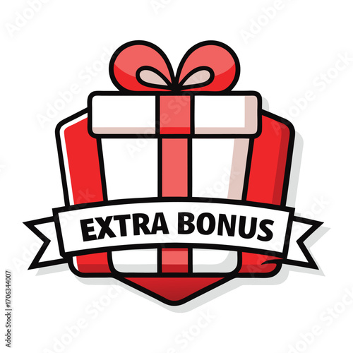 Red gift box with white ribbon and bow with text extra bonus on a banner