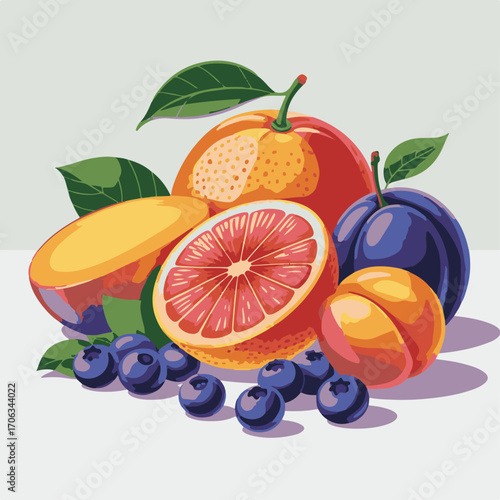 Grapefruit, Mango, Plum, and Blueberries