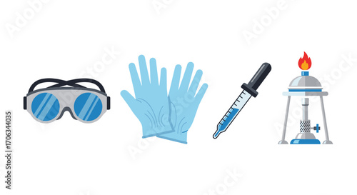 Essential lab safety gear and tools for scientific research including goggles gloves pipette and Bunsen burner for experiments, Generative AI.