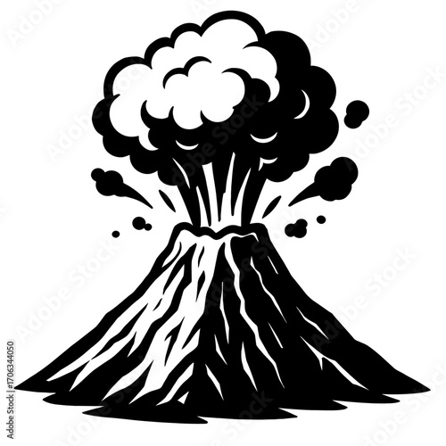Dynamic black and white vector illustration of an erupting volcano with a powerful explosion of smoke and ash. Ideal for geological themes, natural disaster warnings, educational materials, and dramat