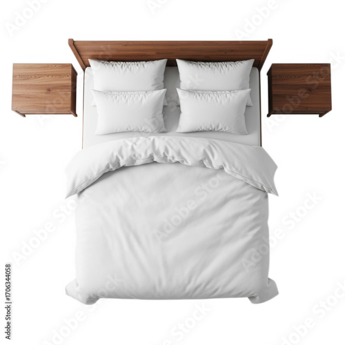 Top view of a white duvet bed with wooden nightstands isolated on transparent background