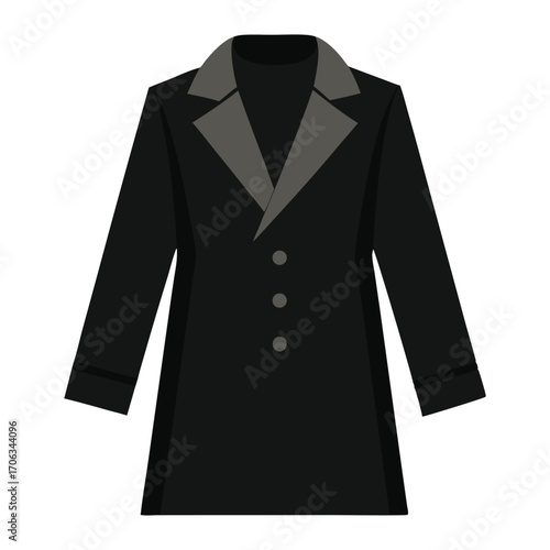 Classic black wool overcoat with contrasting grey lapels and buttoned front