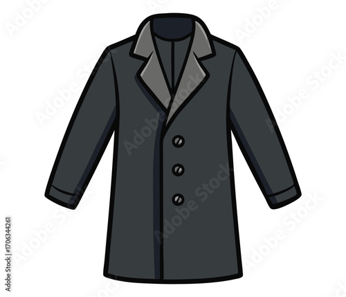 A detailed illustration of a classic dark grey wool overcoat with three buttons and a notched lapel collar
