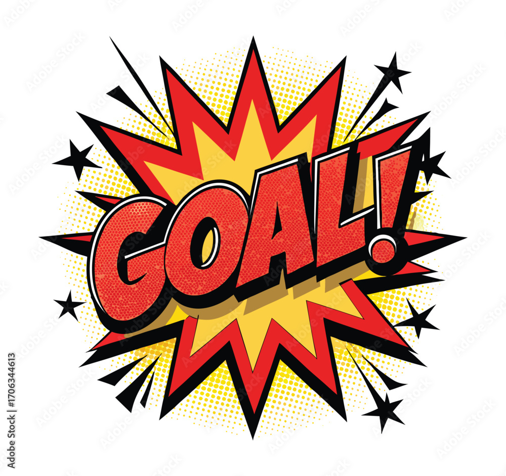 Fototapeta premium Explosive comic book style goal word with stars and burst effect on white background