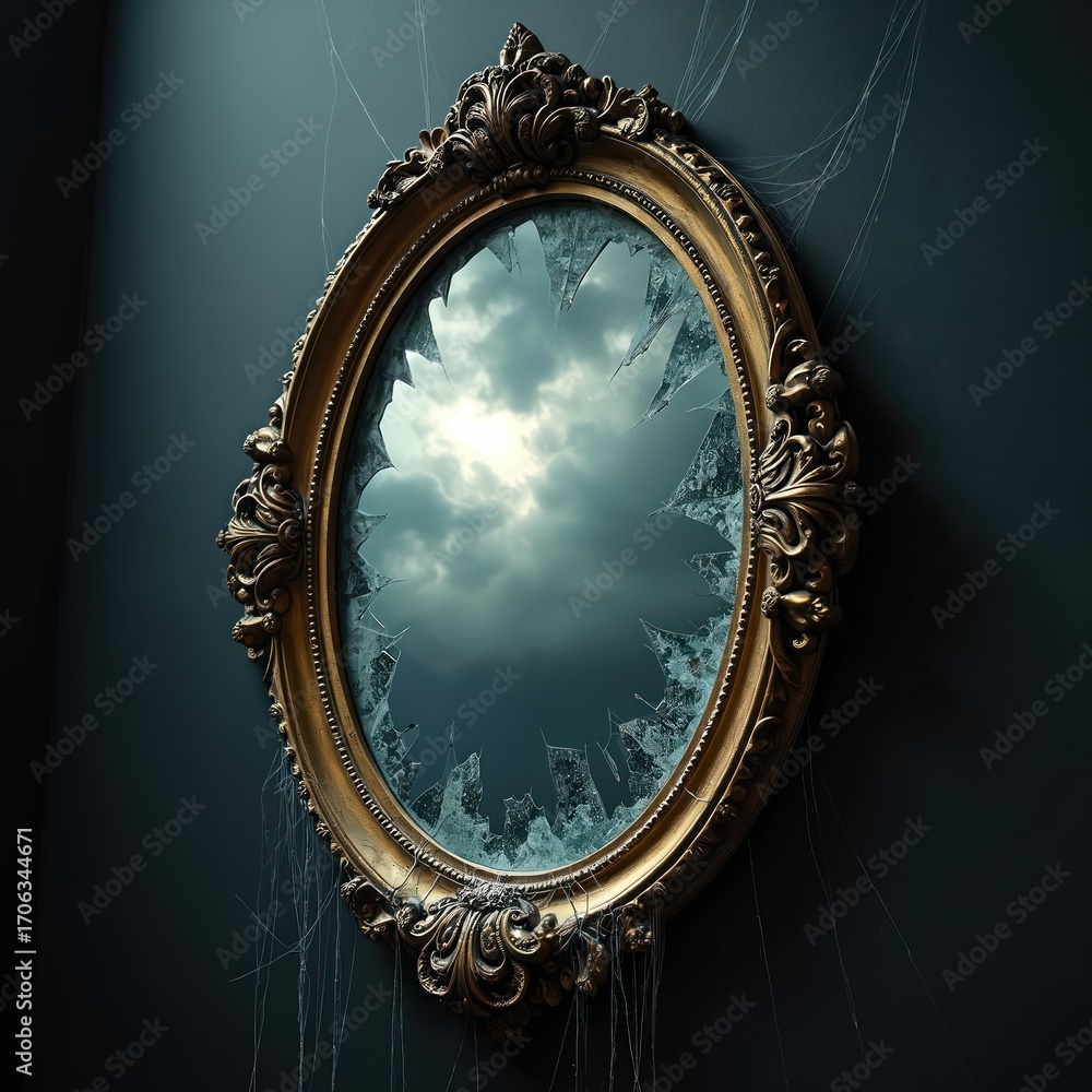 Obraz premium Ornate oval mirror shattered, revealing stormy sky through fractured glass. Cobwebs cling to gilded frame, adding eerie beauty. Dark clouds, gloomy atmosphere suggest mystery, fragility, and decay.