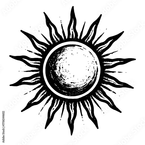 Bold black and white sun illustration with distressed, textured central disc, sharp, stylized rays. Ancient celestial symbol, spiritual power, vintage aesthetic, mystical allure, unique graphic appeal