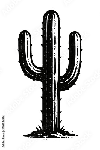 Striking black and white illustration of a classic saguaro cactus, featuring its iconic tall main stem and two distinct upward-curving arms, complete with visible thorns and a textured, earthy ground