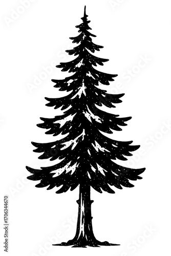 A striking black silhouette of a classic evergreen pine tree, featuring a rustic, textured, hand-drawn style with subtle white speckles, perfect for winter, forest, and holiday-themed designs. Ideal f
