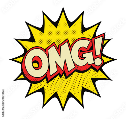 Vibrant yellow comic book style explosion graphic with the text omg in bold lettering