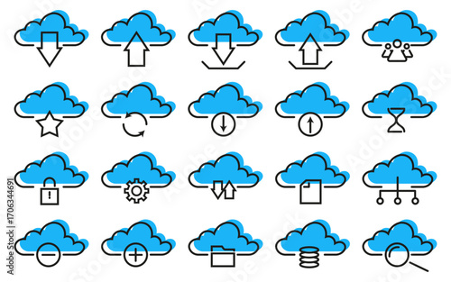 Cloud thin icon set hand drawn vector line art illustration