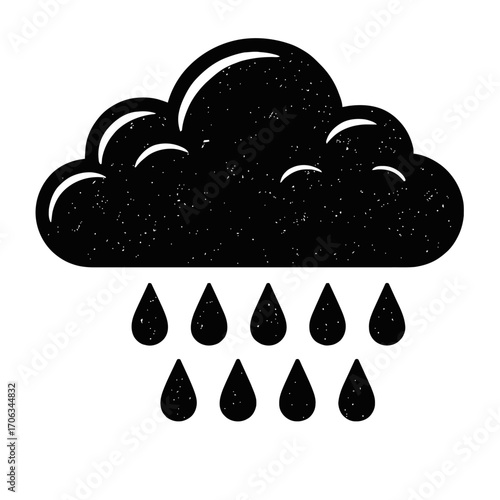A distressed, minimalist black graphic icon of a dark, stylized rain cloud with multiple falling raindrops, representing wet weather, an approaching storm, or precipitation. Ideal for web design, weat