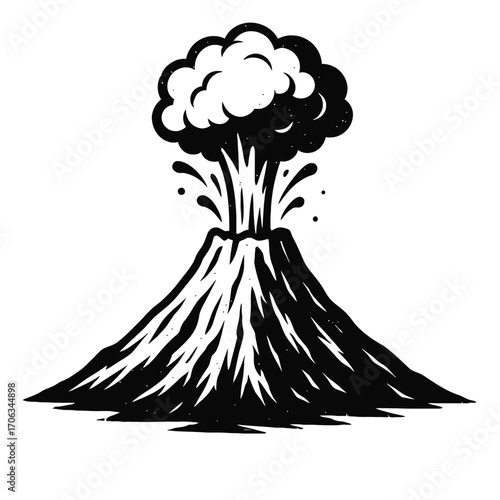 Dynamic Black and White Vector Illustration: A powerful, stylized graphic of a dramatic volcanic eruption, depicting a mountain violently spewing dense ash clouds, fiery debris, and molten rock, captu