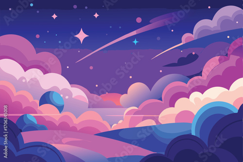 Whimsical dreamscape with shooting stars and fluffy clouds in a vibrant purple and pink sky