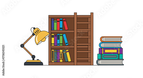 Cozy reading corner with a bright desk lamp illuminating a wooden bookshelf filled with colorful books and a stack of novels, Generative AI.