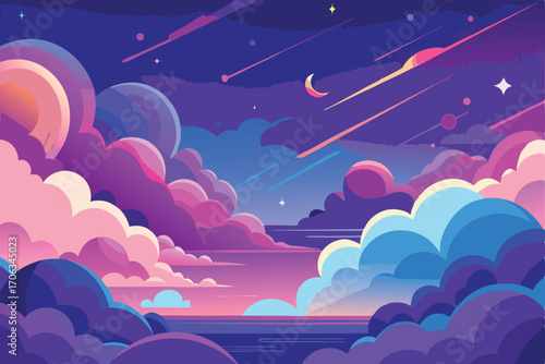 Dreamy pastel sky with fluffy clouds shooting stars and a crescent moon over calm water