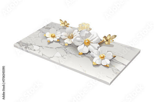 Elegant white floral arrangement with gold accents on a marble slab