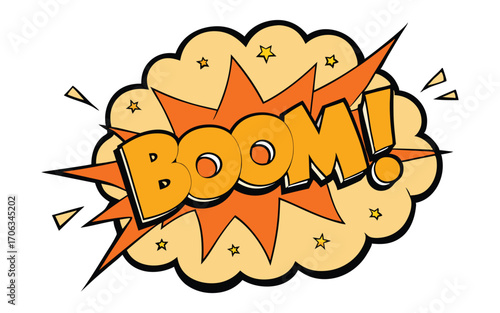 Explosive comic book style boom word bursting out from a yellow cloud shape