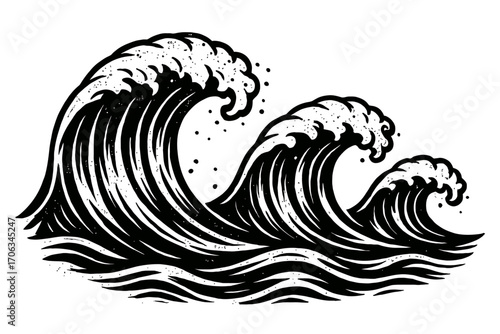 Dynamic Black and White Ocean Waves Illustration in Traditional Japanese Woodcut Style with Crashing Crests and Splashing Foam, Evoking a Sense of Power and Tranquility for Nautical Themes, Surfing Ar
