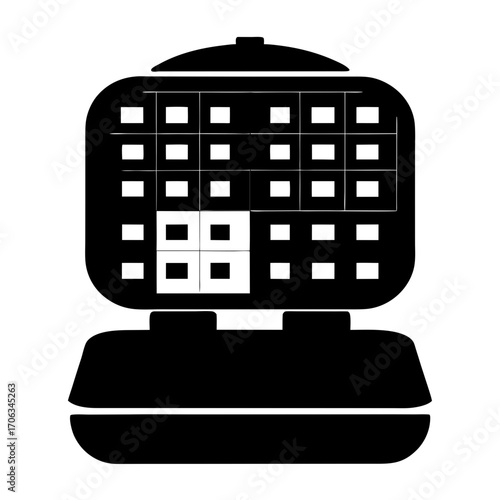 A solid black and white graphic illustration of a waffle maker.
