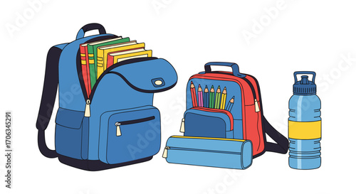 Get ready for school with colorful backpacks books pencils and a water bottle essential supplies for students starting a new academic year, Generative AI.