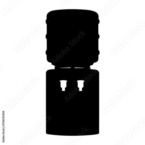 A stark silhouette of a water cooler against a white background creates contrast