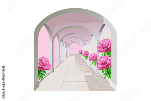 An arched walkway with columns and pink flowers, creating a romantic and elegant architectural perspective