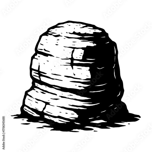 Black and white illustration of a rugged, layered rock formation with deep shadows, presented in a high-contrast graphic style, suitable for projects needing a strong natural element, evoking ancient