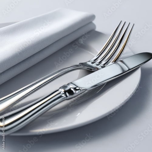 Gleaming Silver Cutlery in an Elegant Diagonal Composition on a Pristine White Plate.