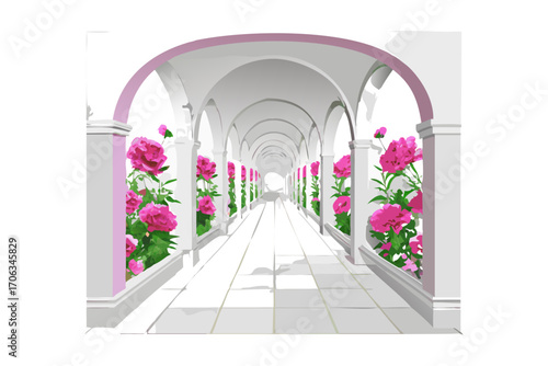 A long, arched walkway lined with vibrant pink peonies, creating a beautiful and romantic garden path