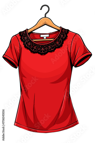 A red T-shirt with a lace collar on a hanger in a stylish mood on a transparent background