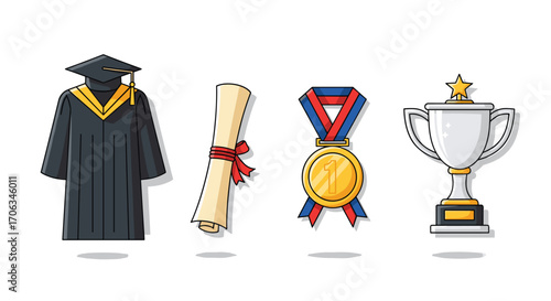 Celebrate academic achievement with a graduation cap diploma scroll first place medal and shining trophy symbolizing success and recognition, Generative AI.
