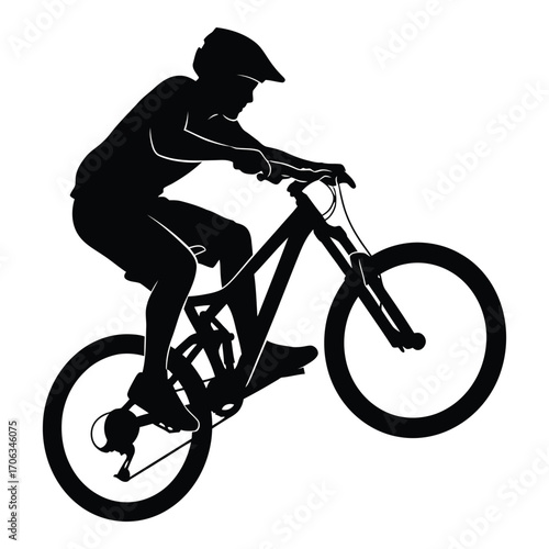 Silhouette of a mountain biker performing a wheelie action shot dynamic cycling sports graphic silhouette