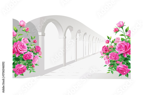 A perspective view of a white arched walkway adorned with lush pink roses and green leaves, creating a charming garden path