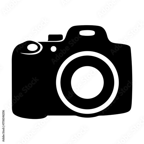 Minimalist black and white silhouette illustration of a modern digital camera