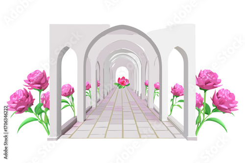 An elegant white arched walkway adorned with vibrant pink peonies, creating a romantic and serene atmosphere