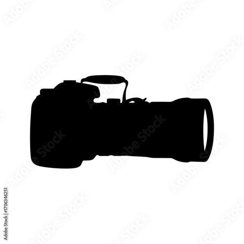 Silhouette of a professional DSLR camera with a telephoto lens attached