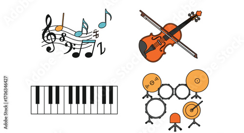 Vibrant musical instruments including piano keys violin drum set and colorful musical notes create a dynamic symphony of sound and creativity, Generative AI.