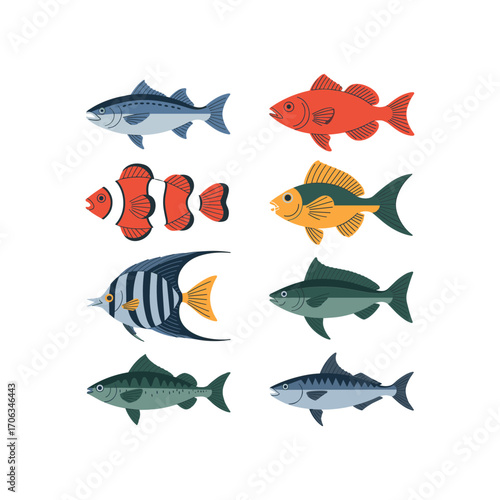 Collection of diverse aquatic life diverse species of colorful tropical and marine fish swimming