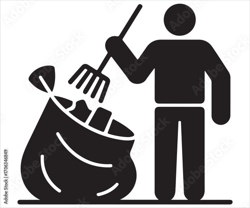 Black silhouette of person cleaning with rake and trash bag, vector illustration symbolizing waste management, garbage collection, recycling, environmental care, sanitation, community service, ecology