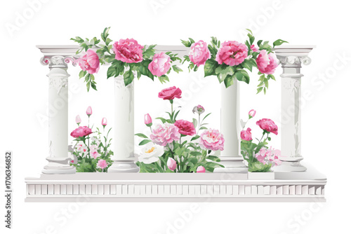 Beautiful bouquet of pink and red roses adorning classical columns