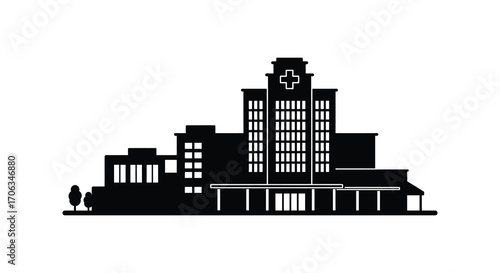 cityscape silhouette featuring tall buildings and medical cross symbol