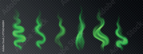 Vector realistic stinky, bad smelling green smoke. Set of wavy fog or steam effect isolated on transparent background
