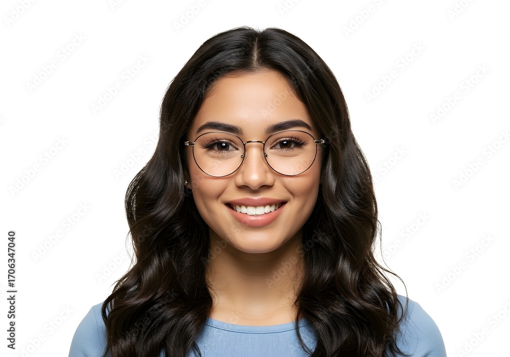 Obraz premium Beautiful young Asian woman with stylish glasses smiling confidently at camera. Professional portrait perfect for business, education, technology, and lifestyle marketing campaigns.