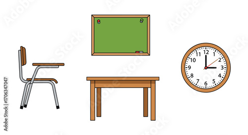 Vintage classroom essentials like a desk chair chalkboard and clock create a nostalgic educational scene for learning and study concepts, Generative AI.