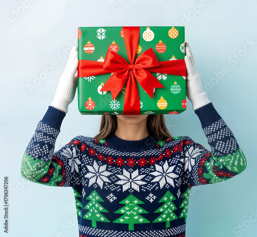 Jeune femme tenant un cadeau de noël devant son visage habillé d'un pull de noël, préparatifs des fêtes d'hiver. Soldes cadeaux. Bonne année. Joyeux Noël. Isolé avec espace vide