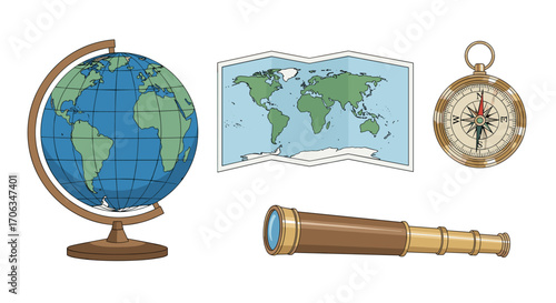 Embark on an adventure with a vintage globe detailed world map classic compass and antique telescope for exploration and discovery themes, Generative AI.