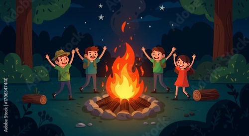 Children celebrating around campfire at night