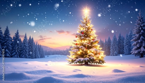 Christmas tree in snowy landscape at twilight