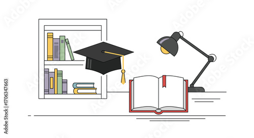 Unlock knowledge and success with this academic study setup featuring graduation cap books and desk lamp illuminating learning journey, Generative AI.