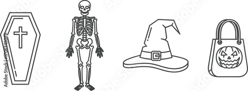 Halloween icons featuring a coffin skeleton witch hat and trick or treat bag